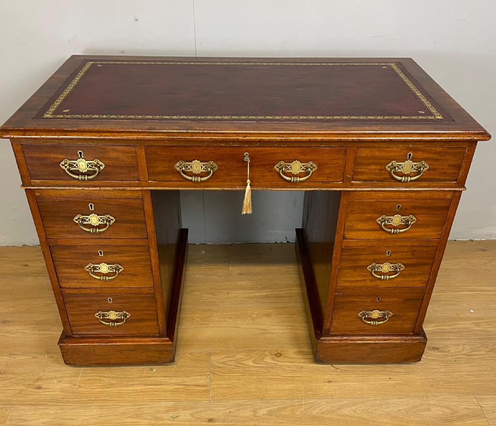 C19TH walnut three part desk with tooled  leather  top