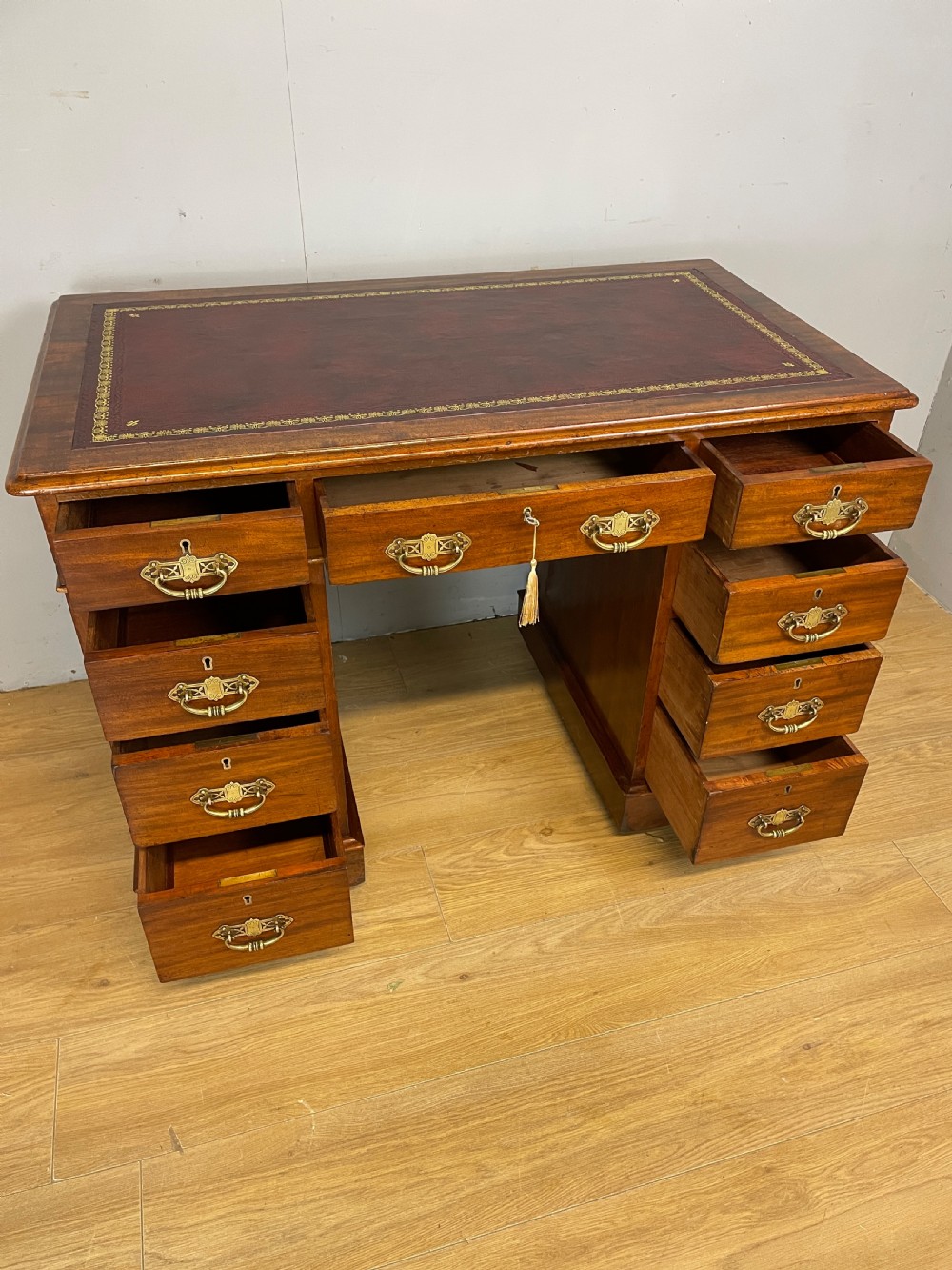 C19TH walnut three part desk with tooled  leather  top View VI