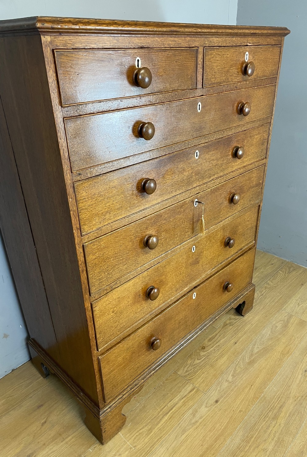 Georgian golden oak six height chest of drawers circa 1790 View XIV