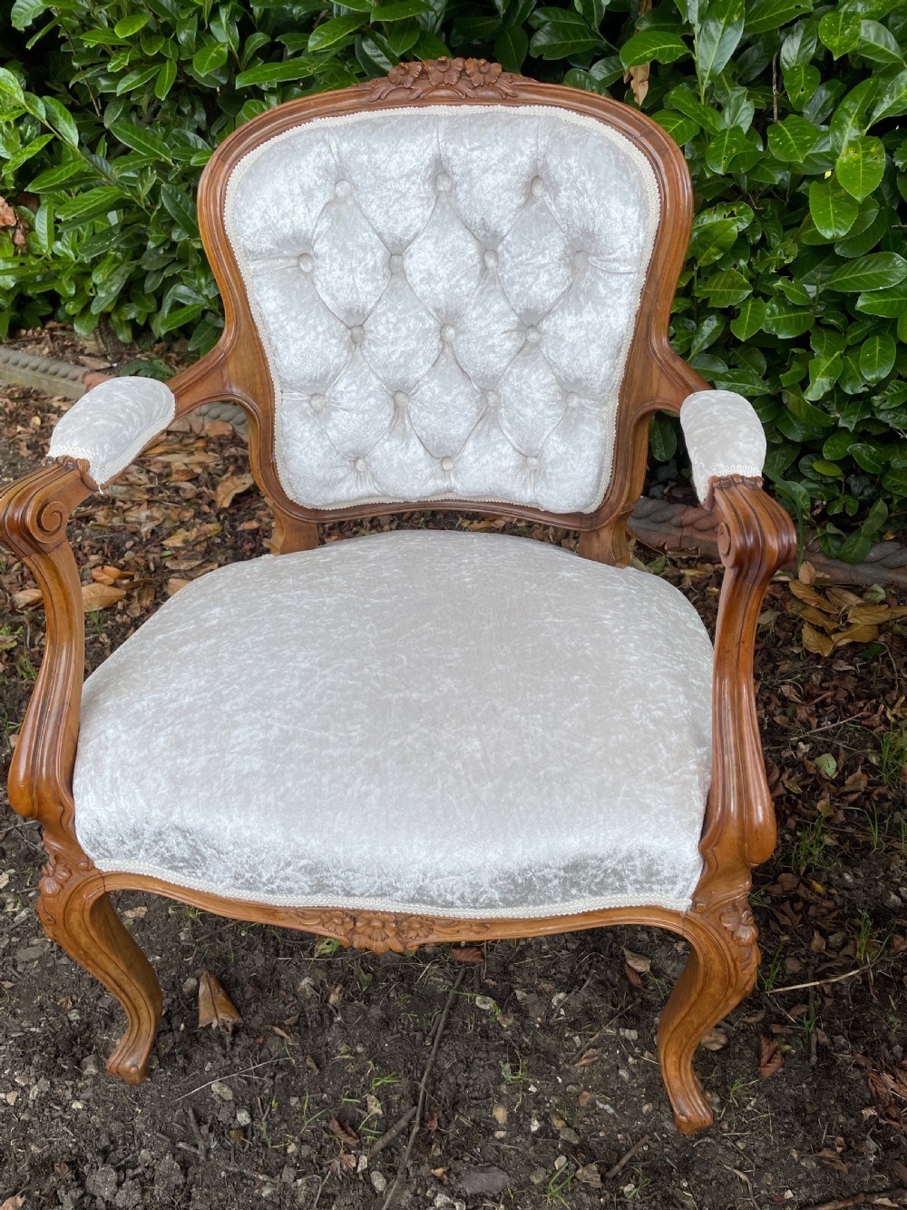 Pair of solid walnut Louis Quinze style armchairs  View V