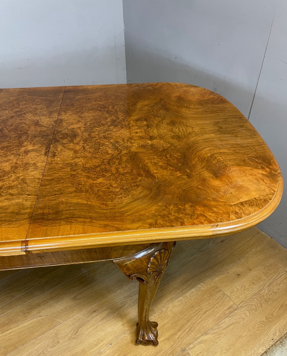 Burr walnut extending Queen Anne style six seater dining table  View III
