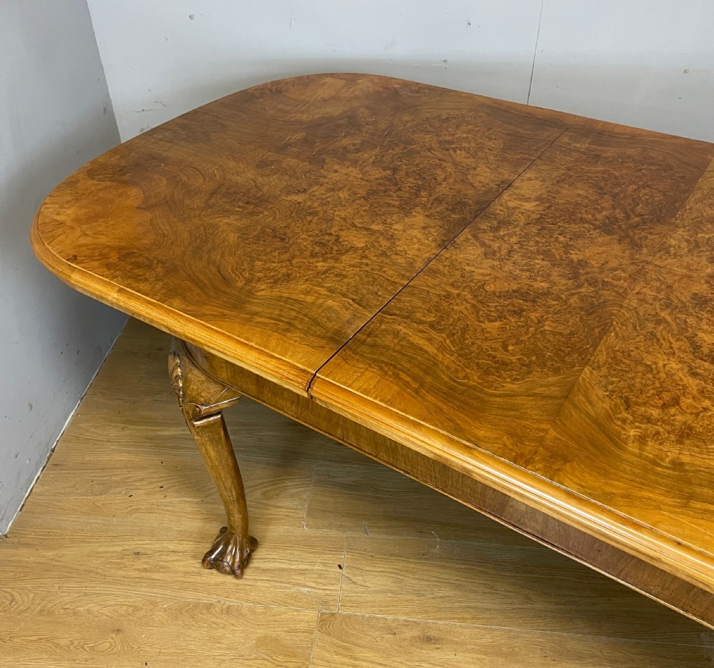 Burr walnut extending Queen Anne style six seater dining table  View IV