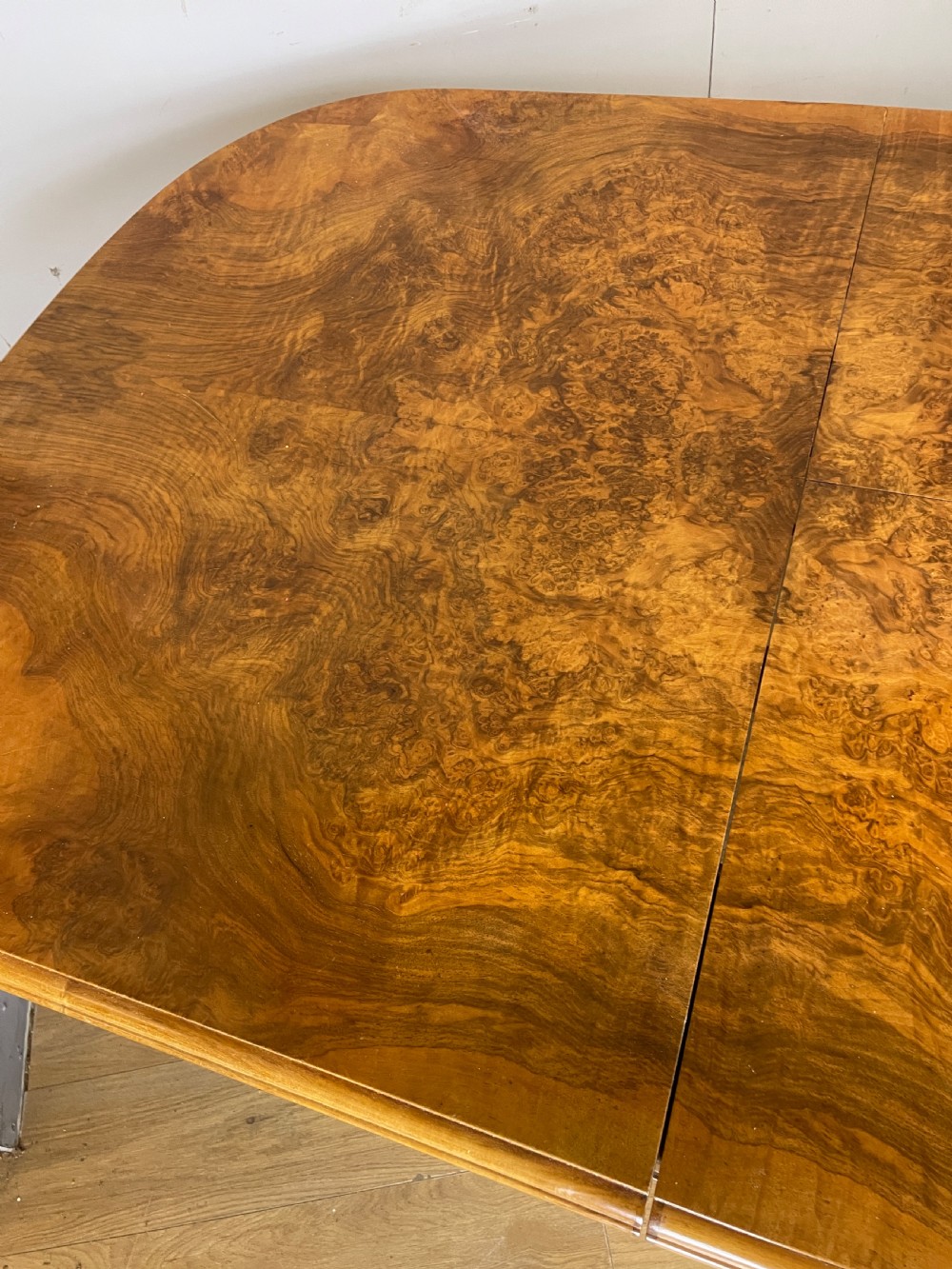 Burr walnut extending Queen Anne style six seater dining table  View VI