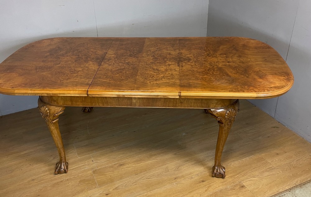 Burr walnut extending Queen Anne style six seater dining table  View VIII