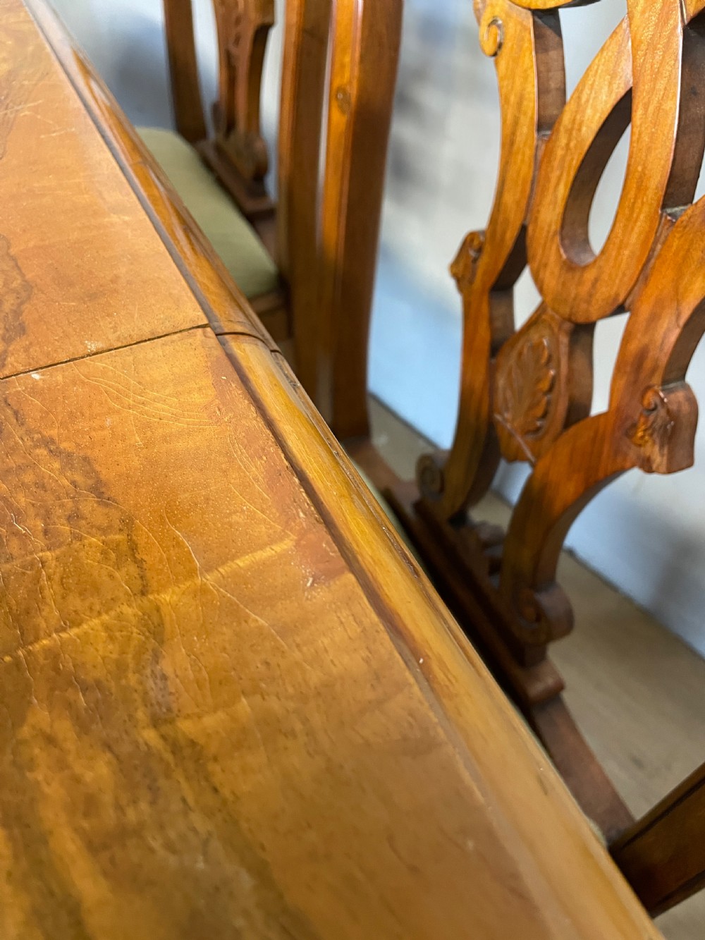 Burr walnut extending Queen Anne style six seater dining table  View XV