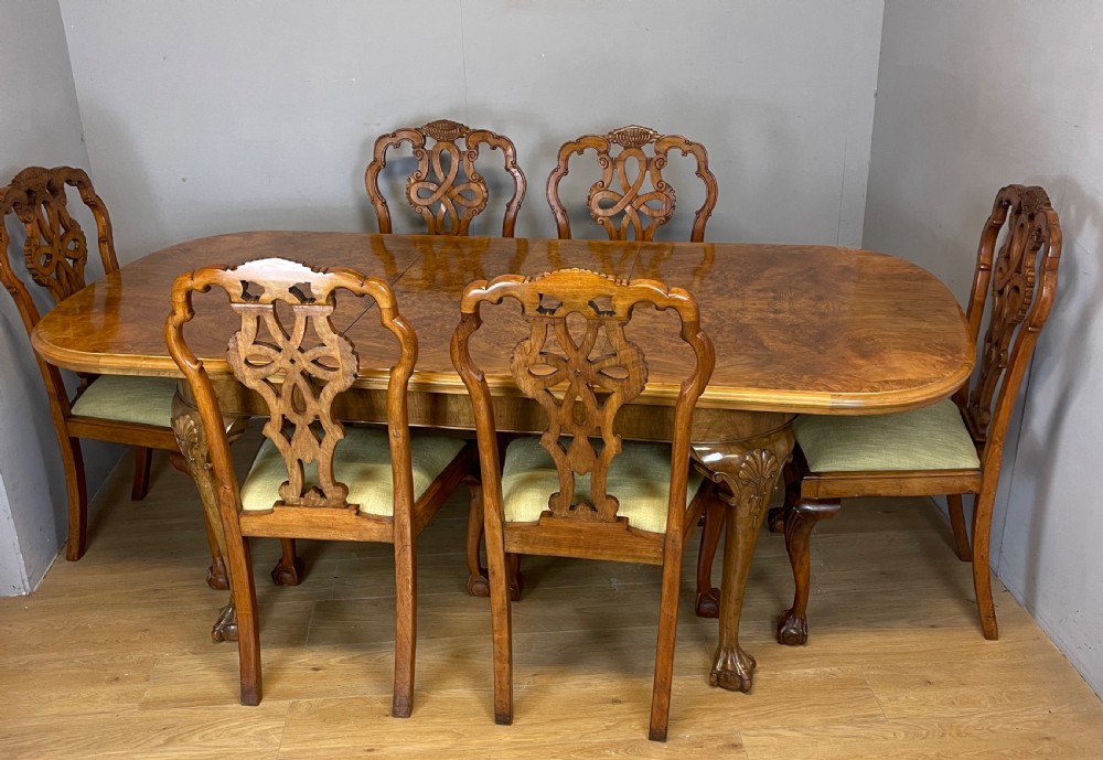 Burr walnut extending Queen Anne style six seater dining table  View XVI