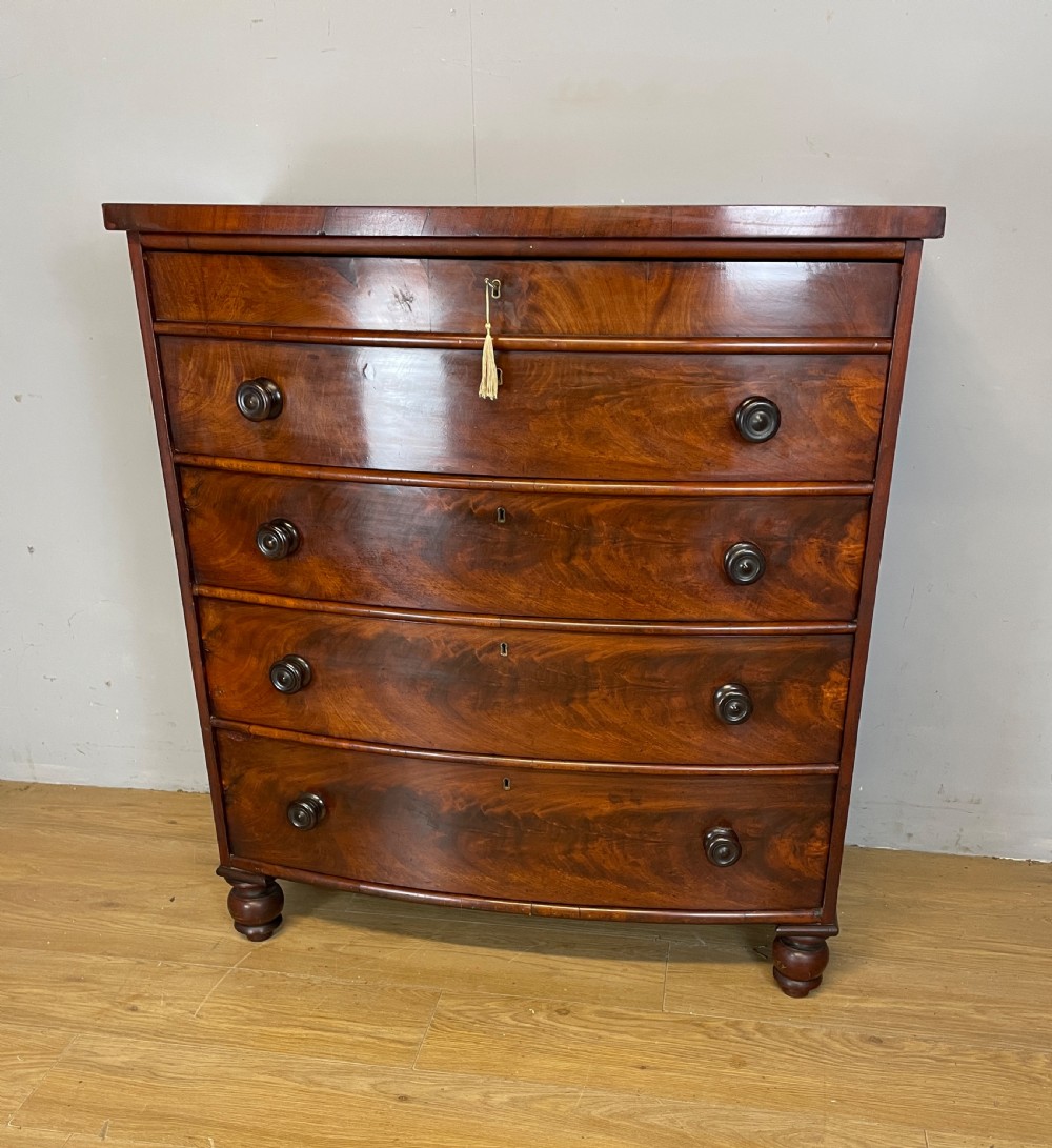 C19TH flame mahogany bow front 4 height chest of drawers circa 1870 View II