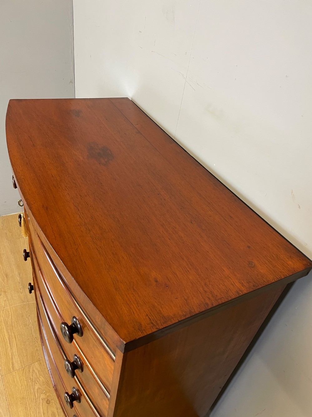 C19TH flame mahogany bow front 4 height chest of drawers circa 1870 View V