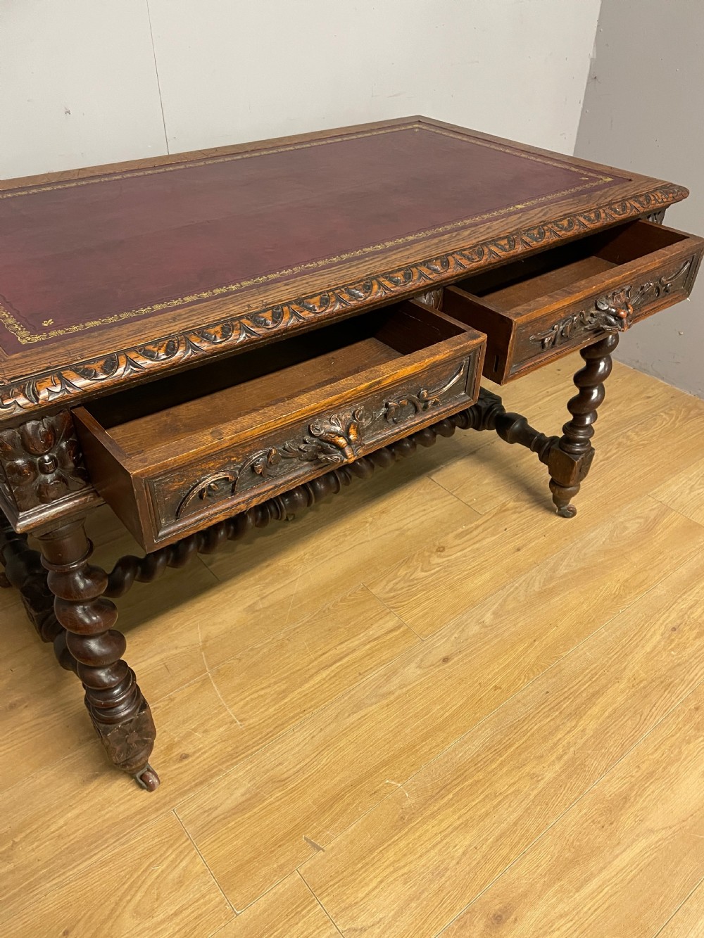 C19th Carved Oak Jacobean style writing Table With tooled leather top  View IV