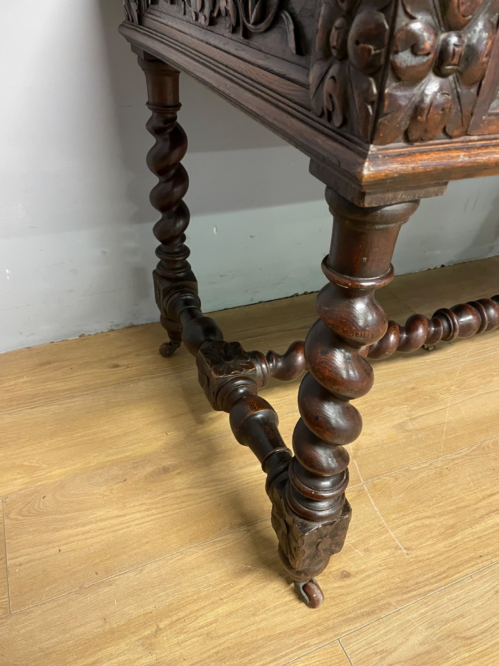C19th Carved Oak Jacobean style writing Table With tooled leather top  View V