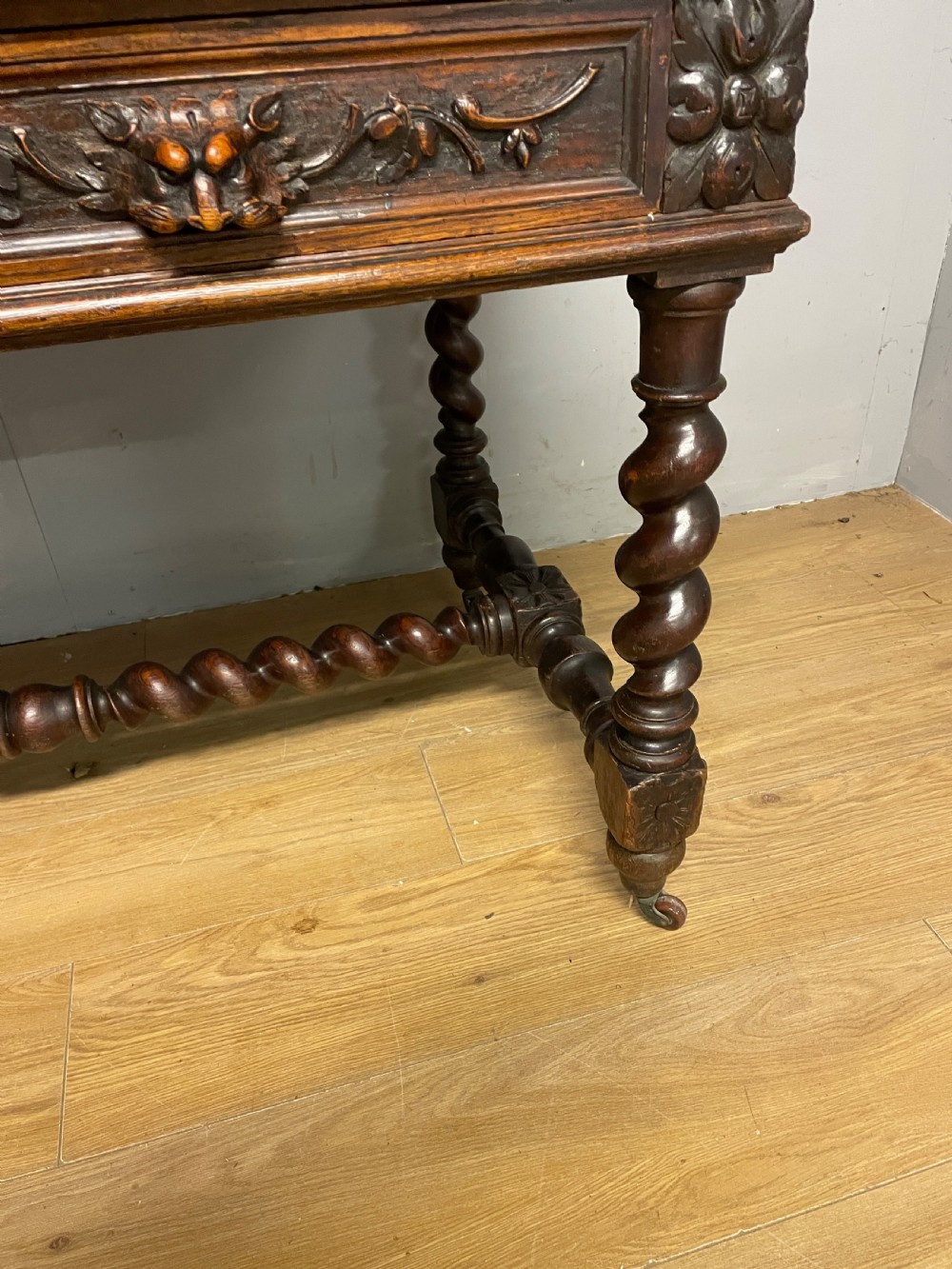 C19th Carved Oak Jacobean style writing Table With tooled leather top  View VII