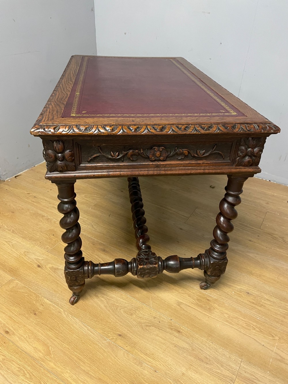 C19th Carved Oak Jacobean style writing Table With tooled leather top  View VIII