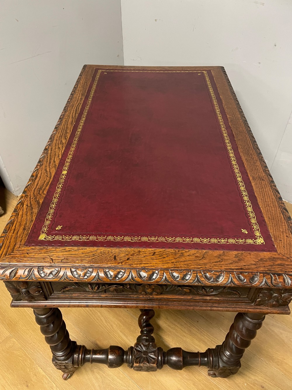 C19th Carved Oak Jacobean style writing Table With tooled leather top  View IX