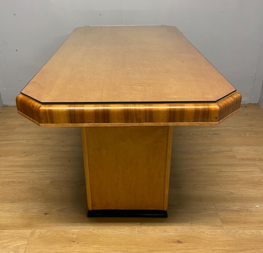 Art Deco walnut and Birds Eye maple dining table in the manner of Epstein  View II