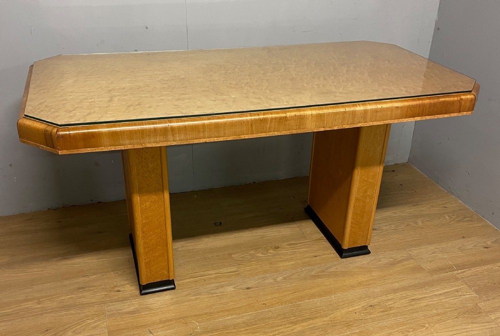 Art Deco walnut and Birds Eye maple dining table in the manner of Epstein  View VI