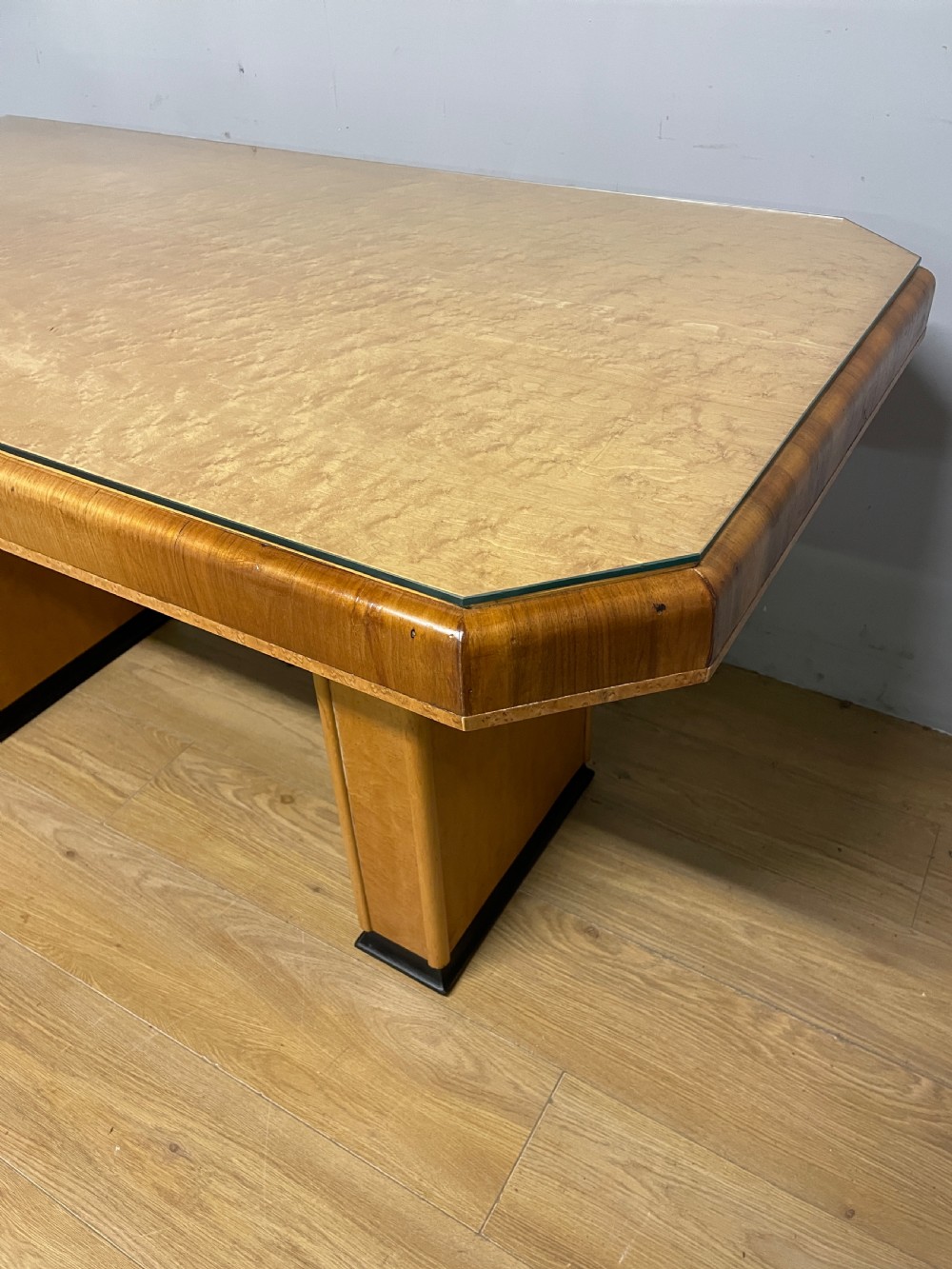 Art Deco walnut and Birds Eye maple dining table in the manner of Epstein  View VIII