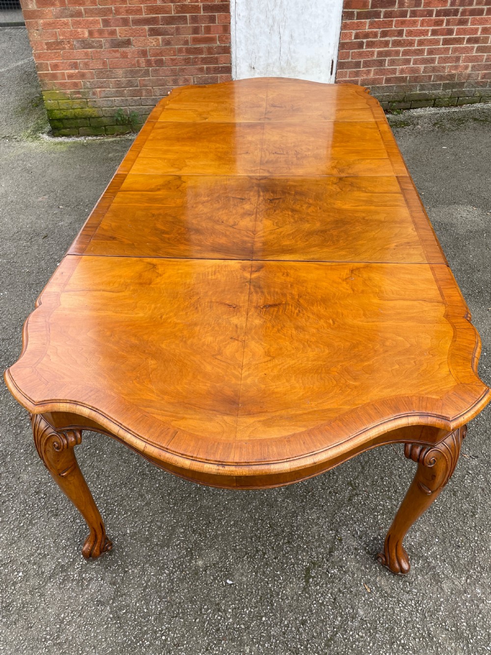 Burr walnut extending eight seater Queen Anne style dining table  View II