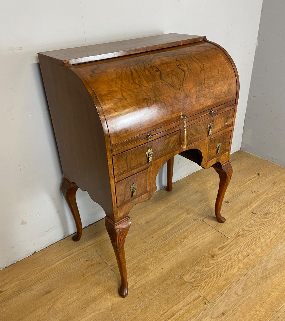 Burr walnut Queen Anne style cylinder desk circa 1920 View II