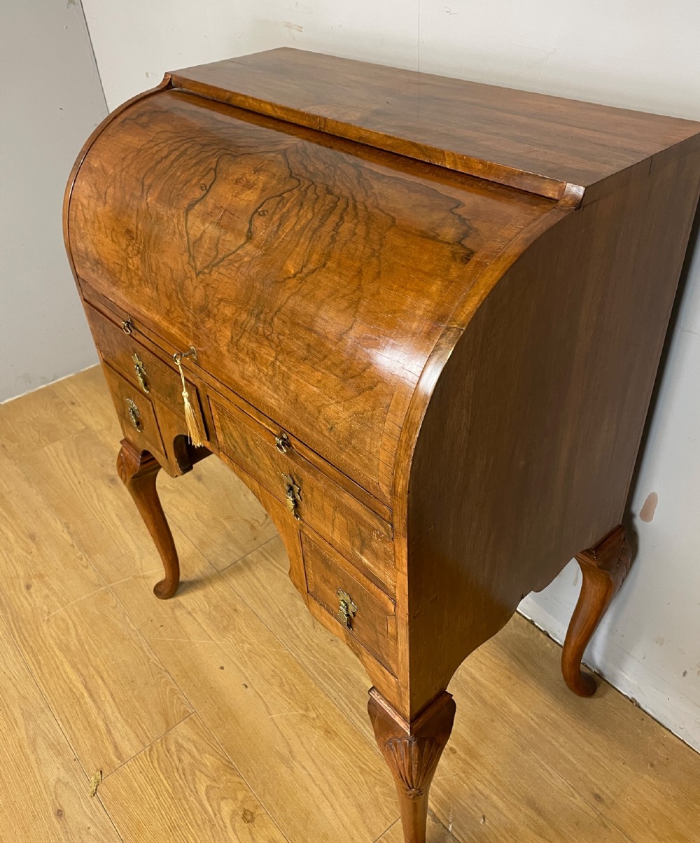 Burr walnut Queen Anne style cylinder desk circa 1920 View III