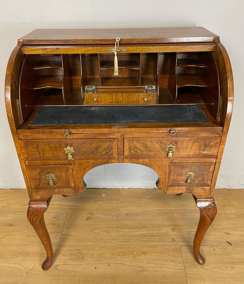 Burr walnut Queen Anne style cylinder desk circa 1920 View V
