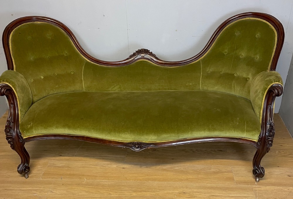 C19TH carved mahogany framed sofa in green velvet  View II