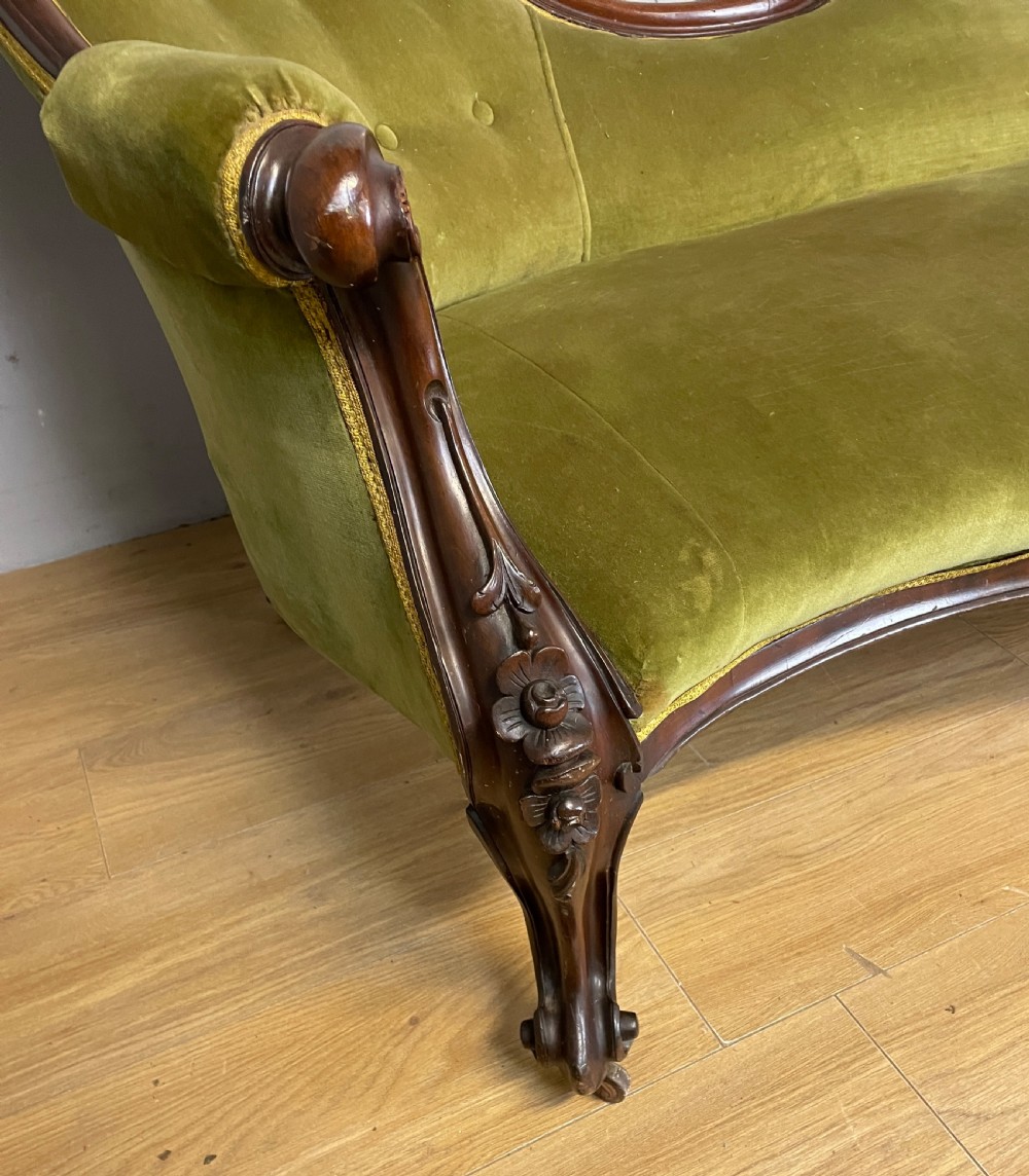 C19TH carved mahogany framed sofa in green velvet  View III