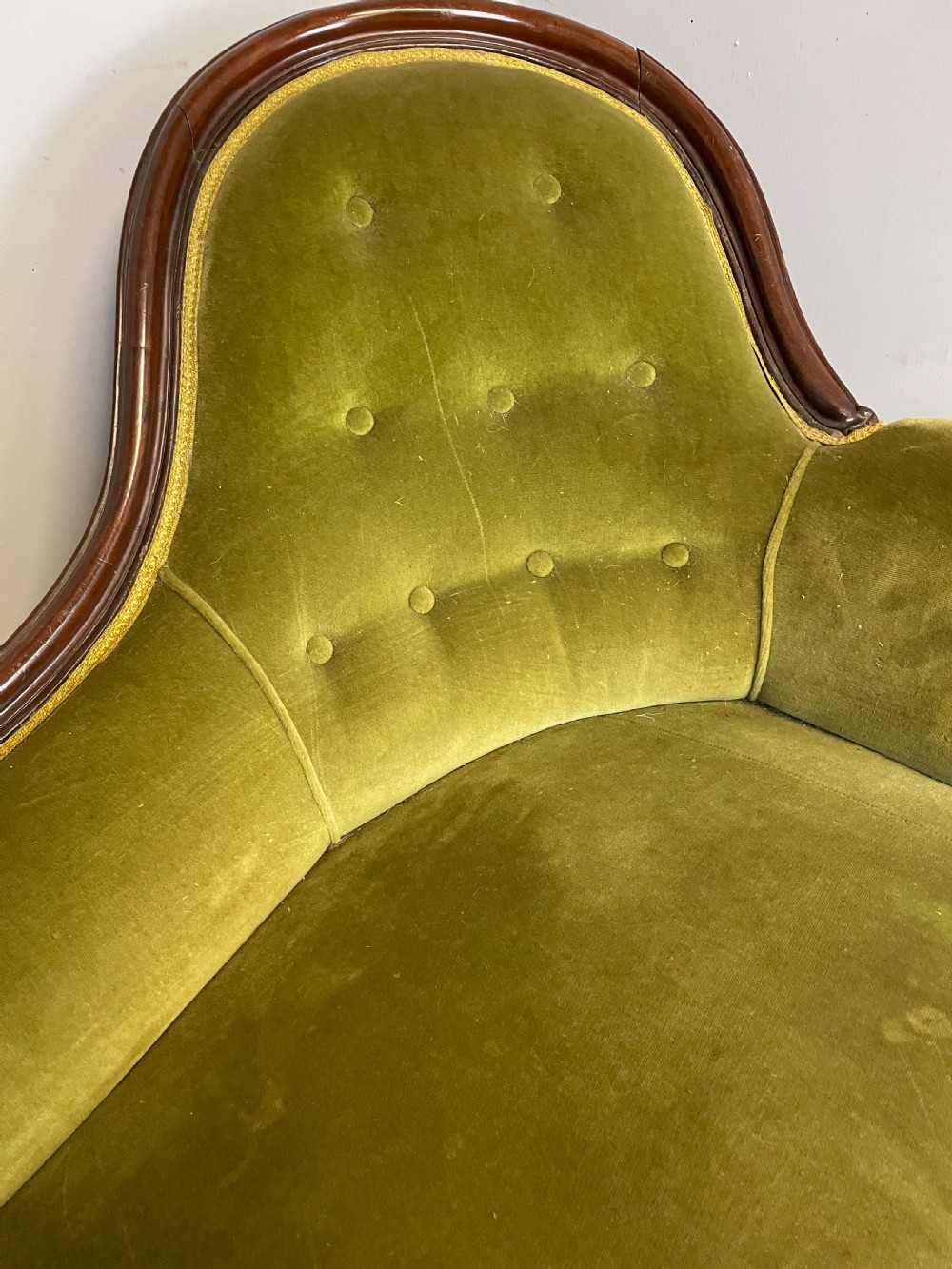 C19TH carved mahogany framed sofa in green velvet  View V