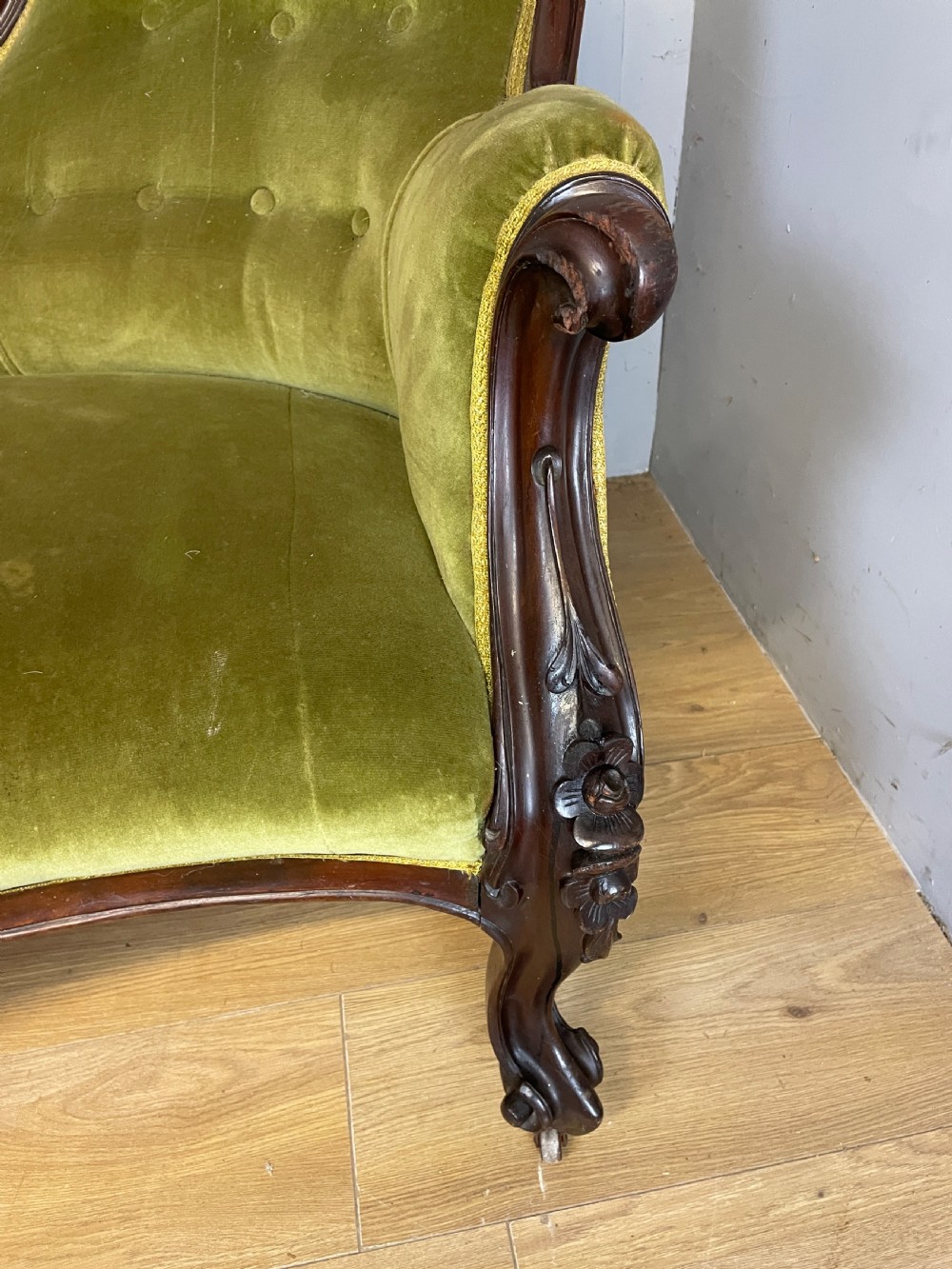 C19TH carved mahogany framed sofa in green velvet  View VI