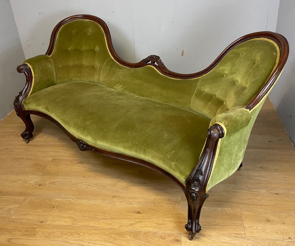 C19TH carved mahogany framed sofa in green velvet  View VII