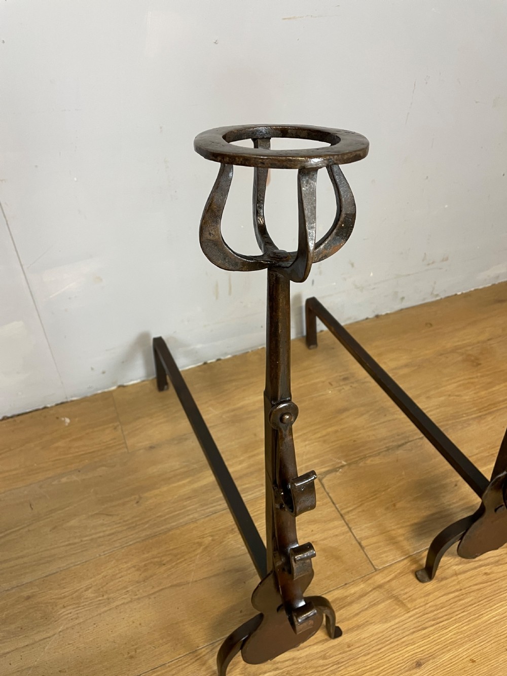 Country House forged C19TH fire irons , andirons ,fire dogs in original condition  View II