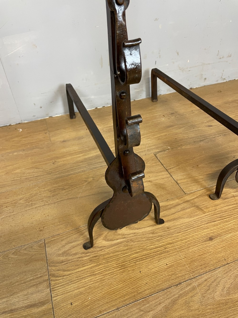 Country House forged C19TH fire irons , andirons ,fire dogs in original condition  View III