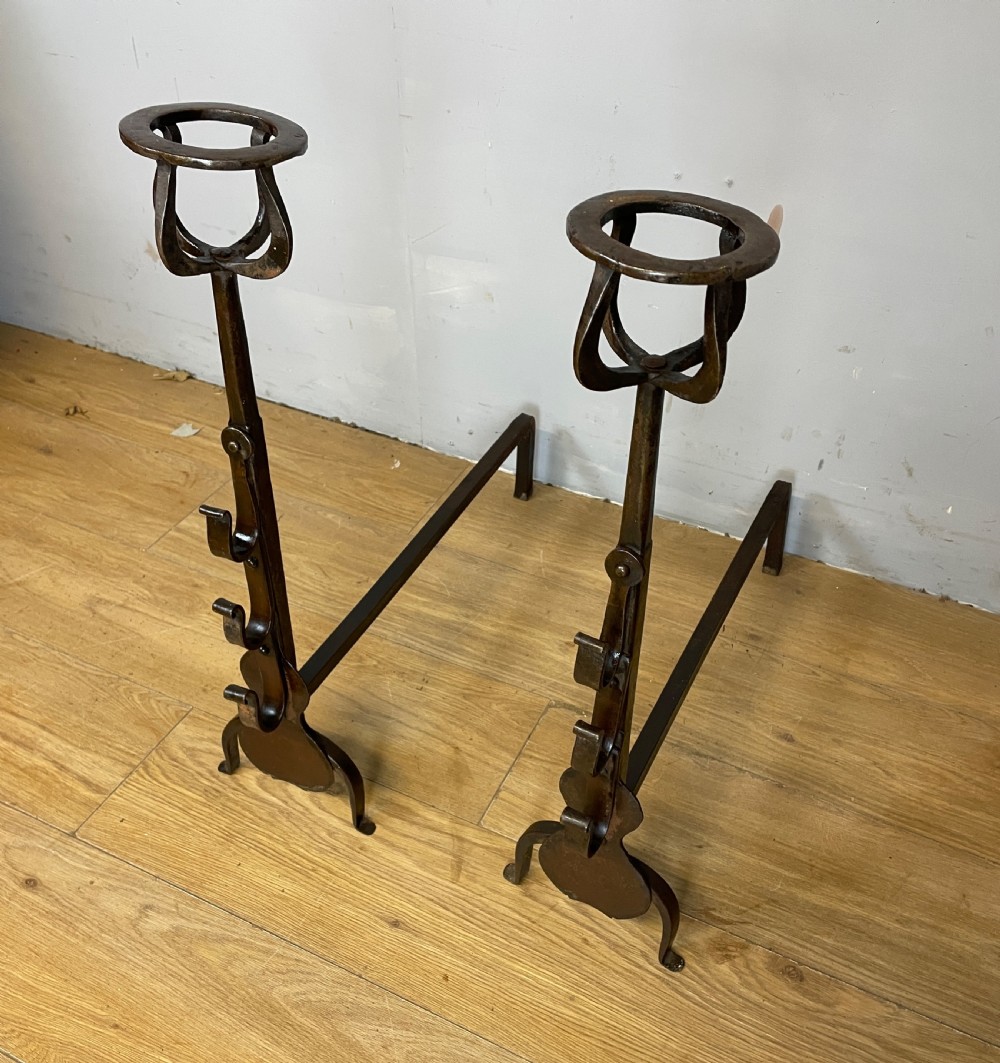 Country House forged C19TH fire irons , andirons ,fire dogs in original condition  View IV