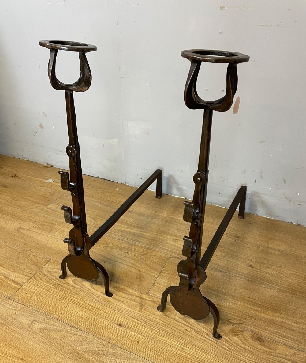 Country House forged C19TH fire irons , andirons ,fire dogs in original condition  View V