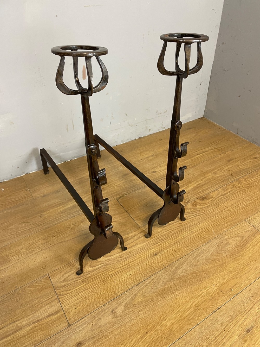 Country House forged C19TH fire irons , andirons ,fire dogs in original condition  View VIII