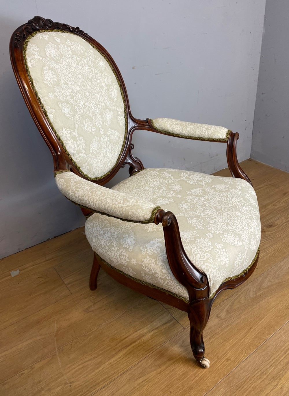 C19TH carved walnut spoon back open armchair View III