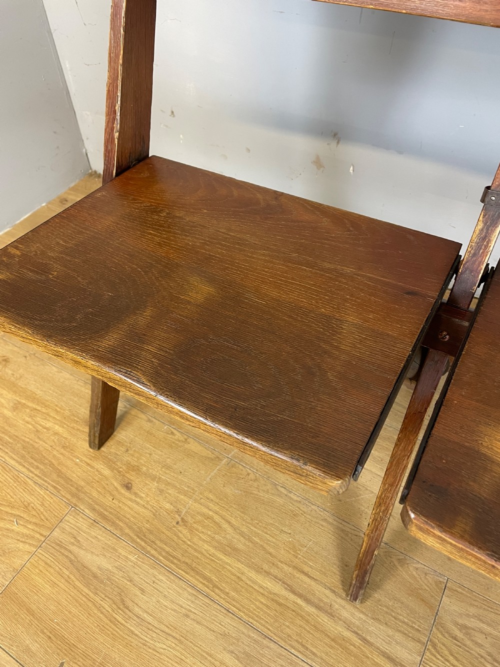 Golden oak folding three seater chapel seat circa 1930 View IV