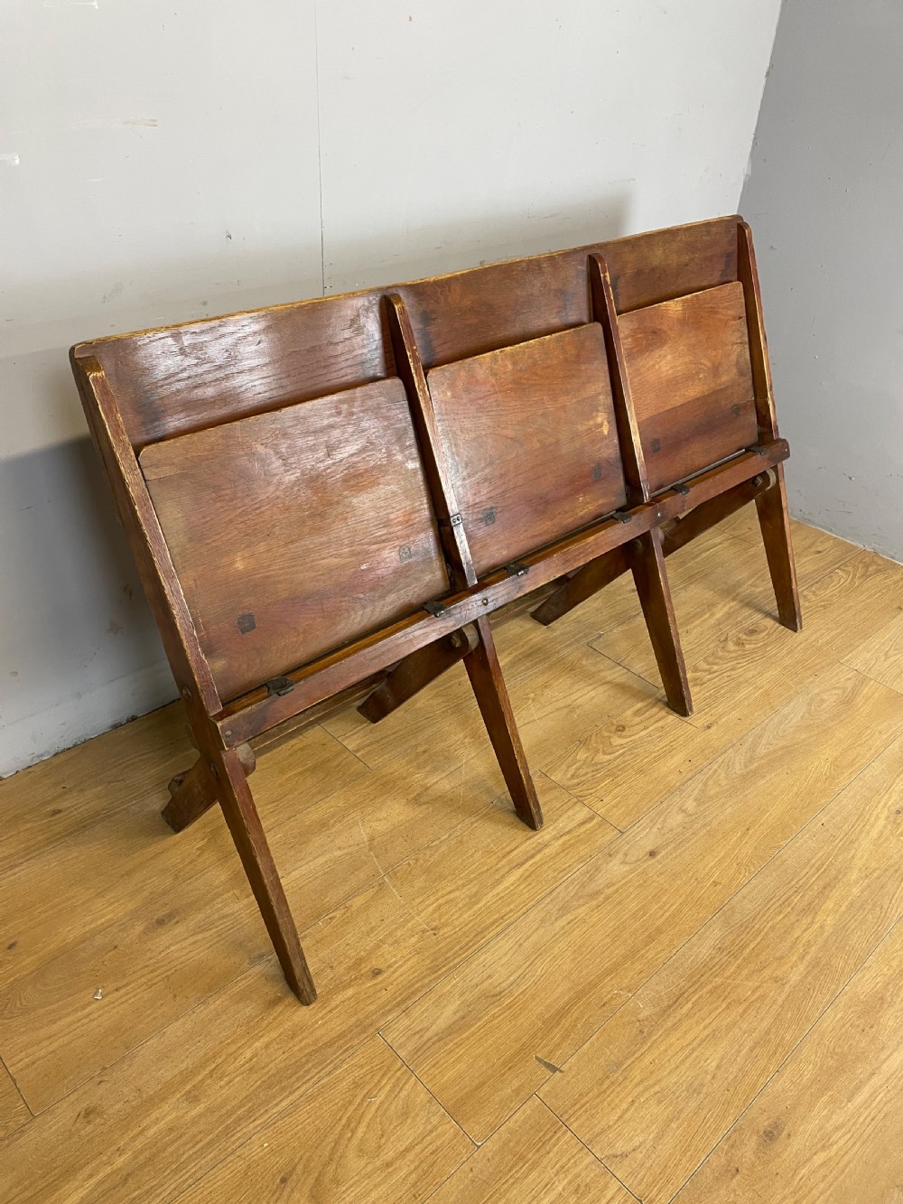 Golden oak folding three seater chapel seat circa 1930 View VI