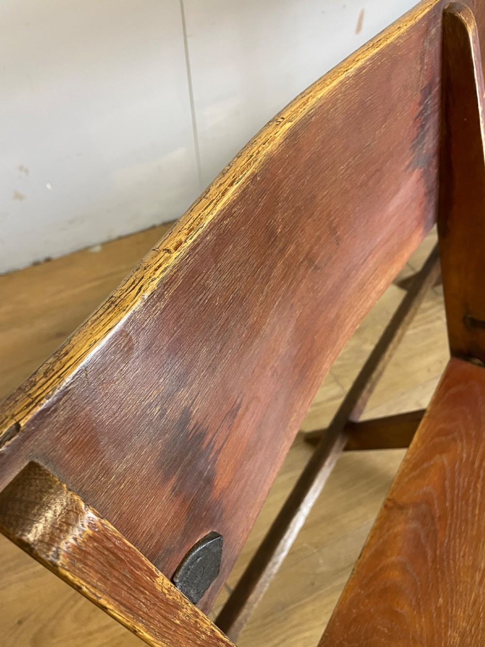 Golden oak folding three seater chapel seat circa 1930 View VIII
