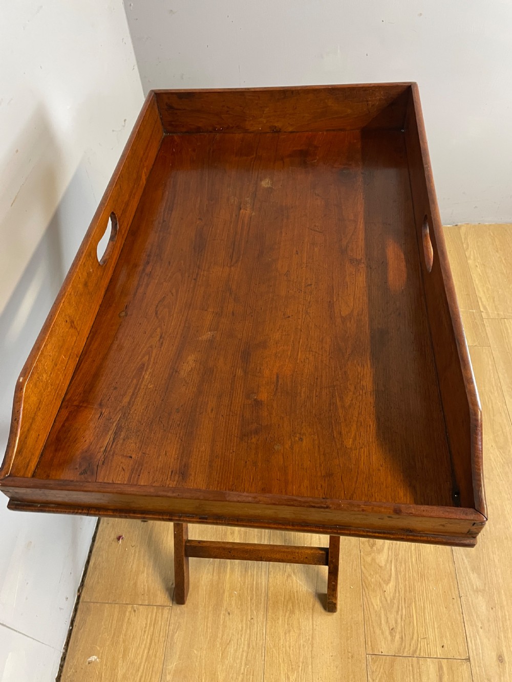 C19TH mahogany butlers tray on stand  View II