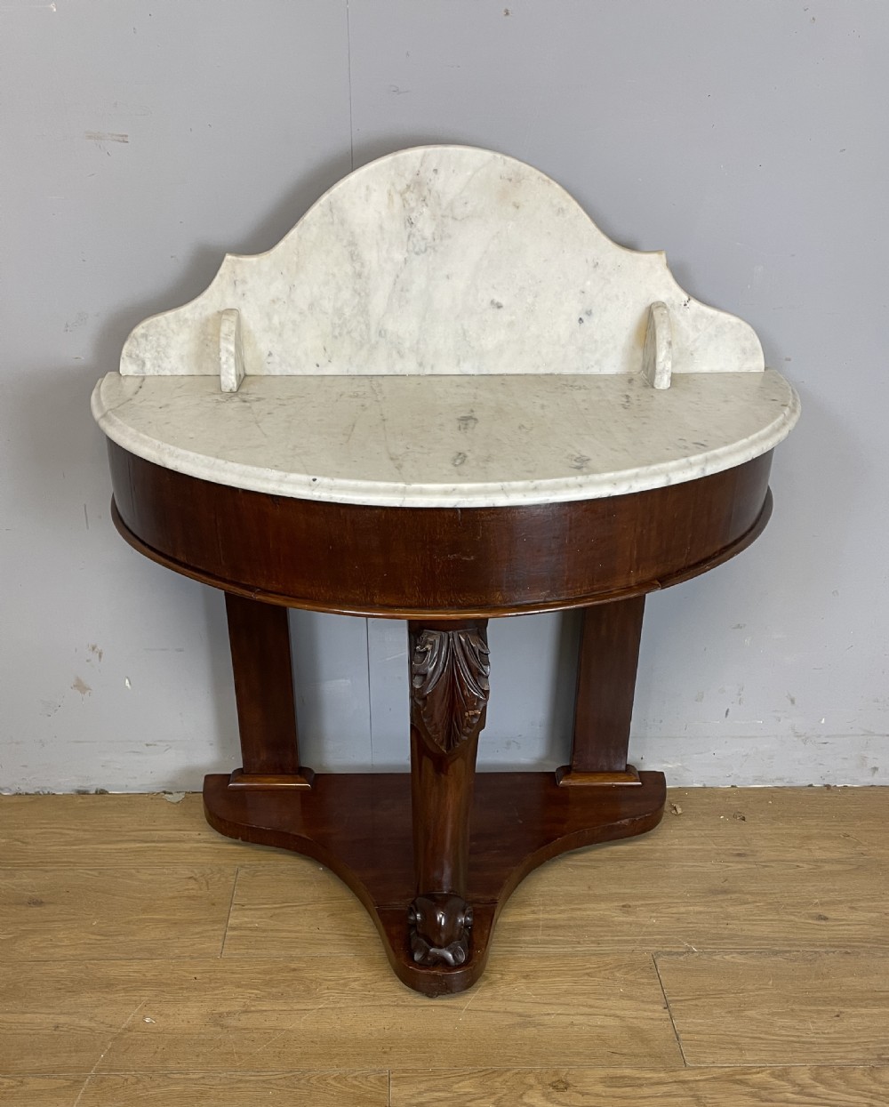 C19TH mahogany demi-lune washstand with white Carrara marble top 