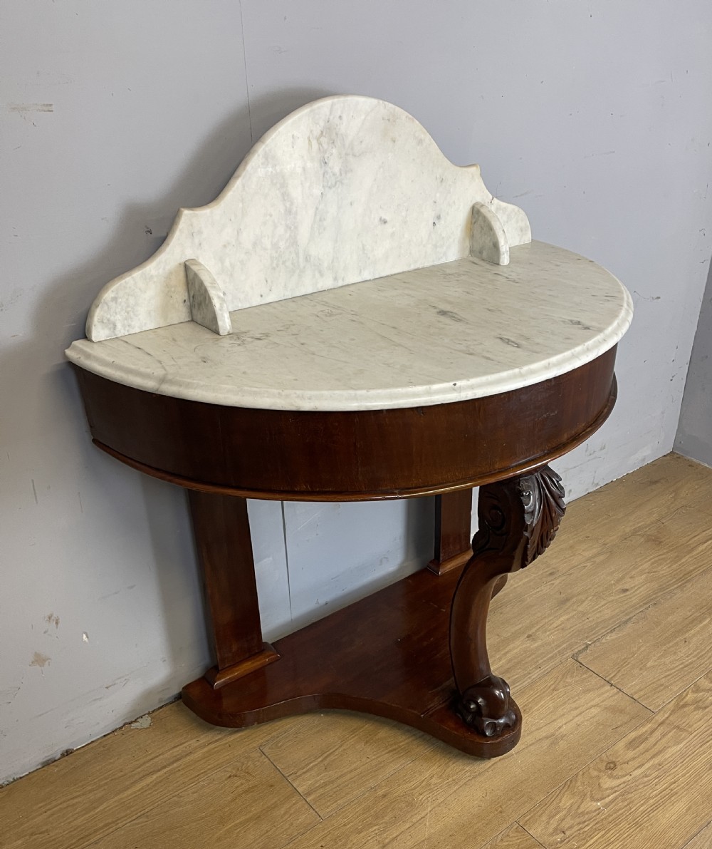 C19TH mahogany demi-lune washstand with white Carrara marble top  View II