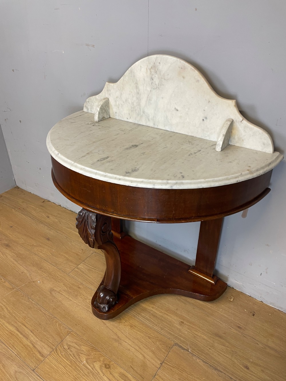 C19TH mahogany demi-lune washstand with white Carrara marble top  View III