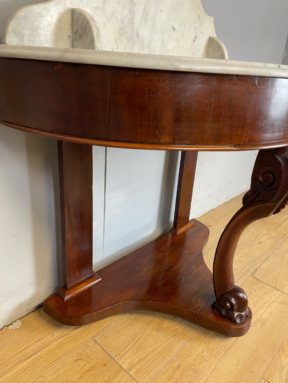 C19TH mahogany demi-lune washstand with white Carrara marble top  View V