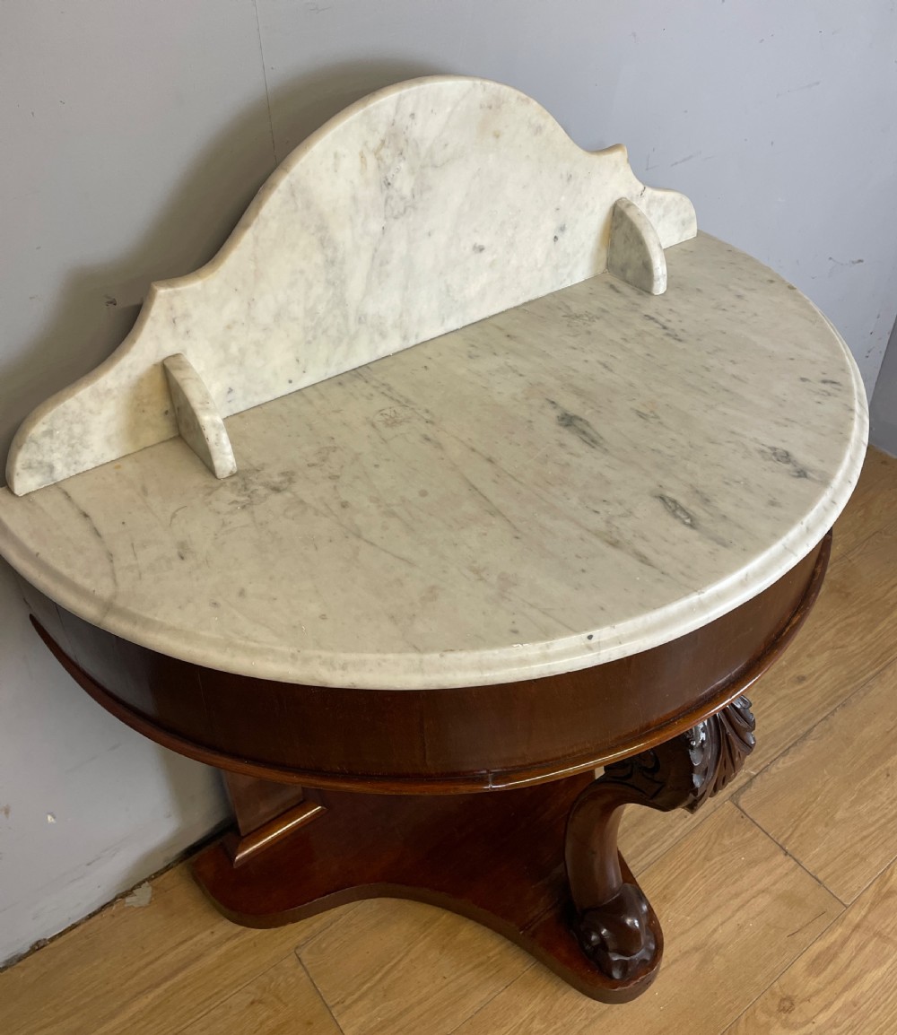 C19TH mahogany demi-lune washstand with white Carrara marble top  View VI