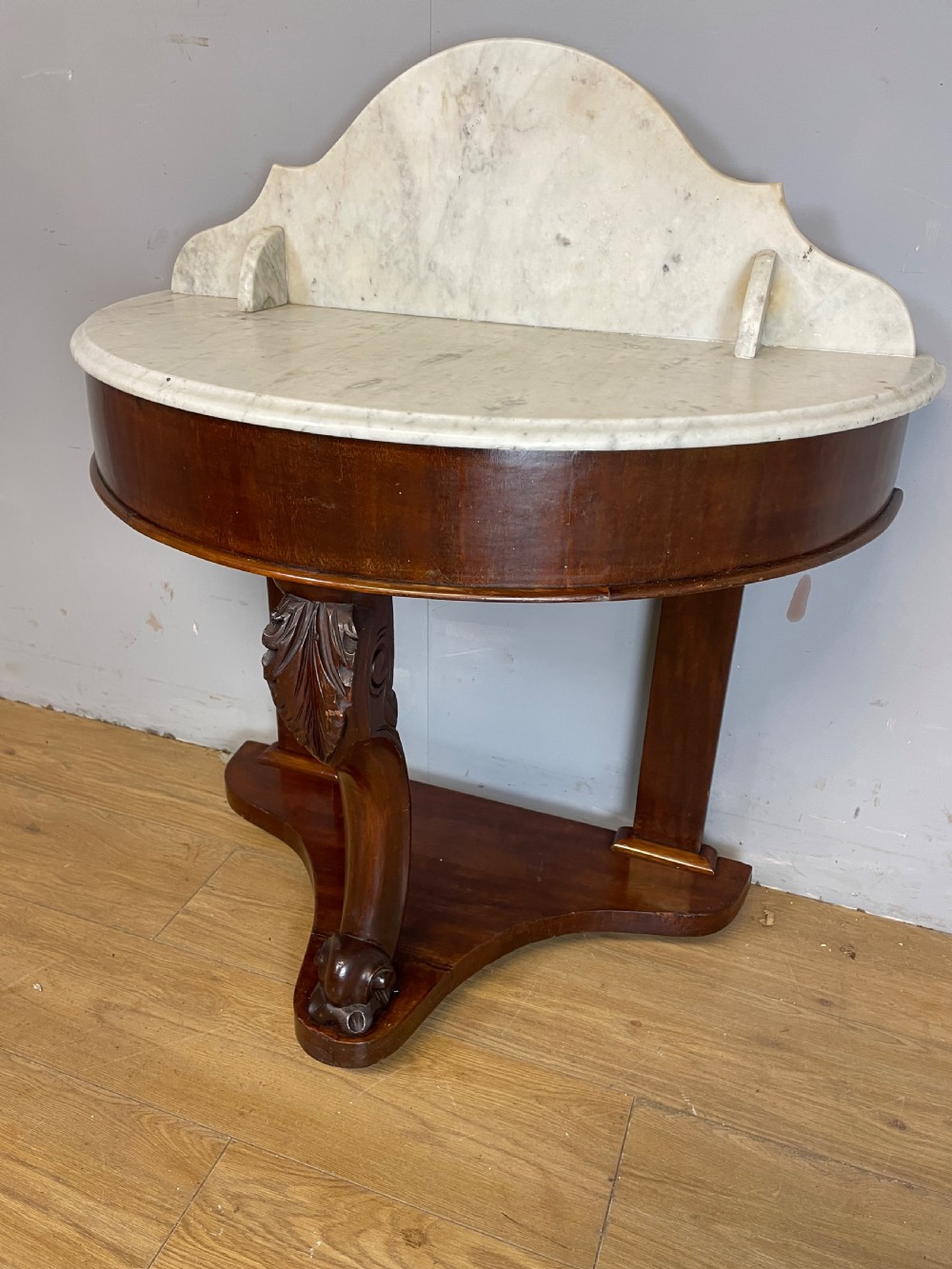 C19TH mahogany demi-lune washstand with white Carrara marble top  View VII