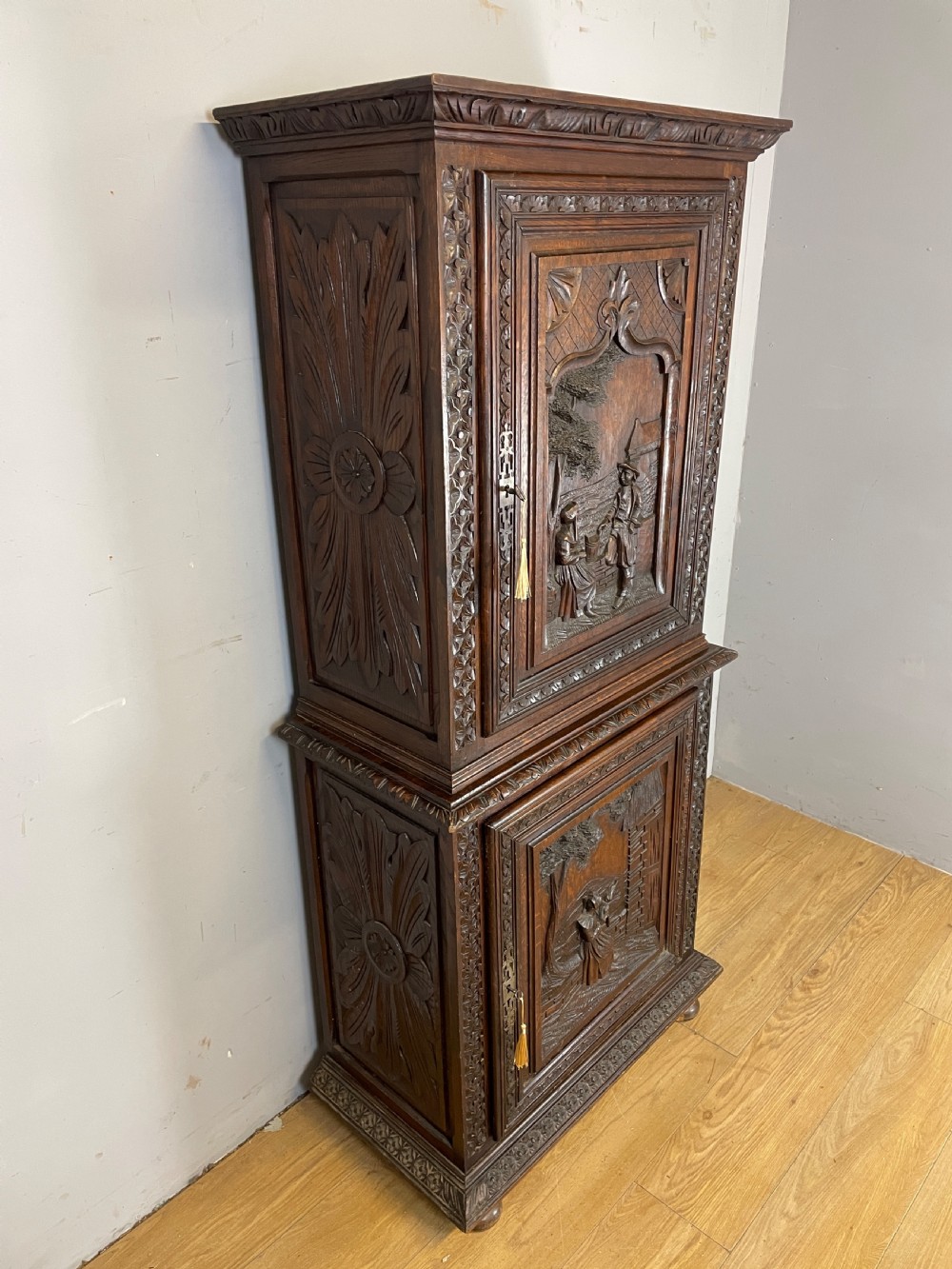 C19TH carved oak continental two door cupboard  View II