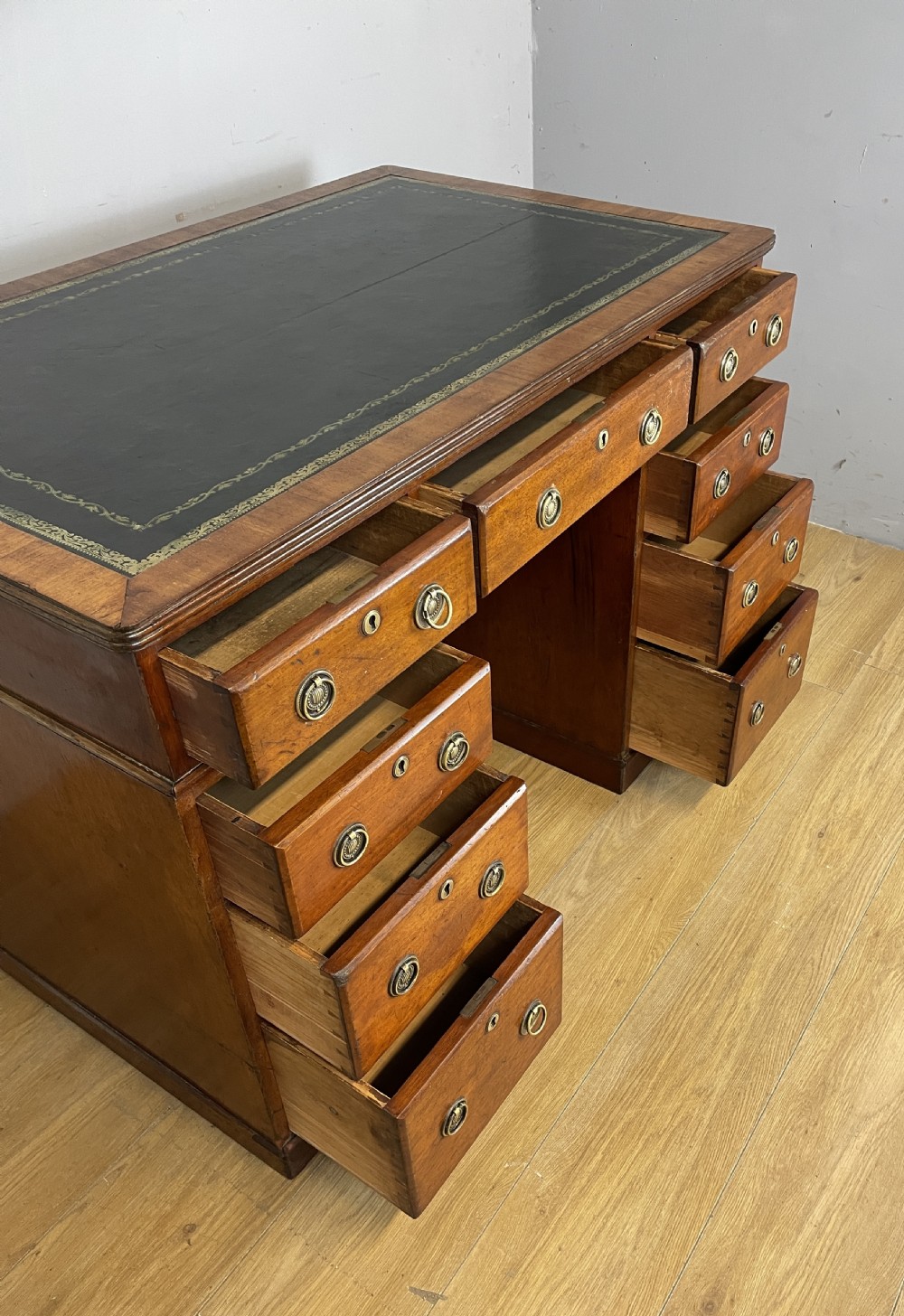 C19TH walnut three part desk with inset leather top View VII