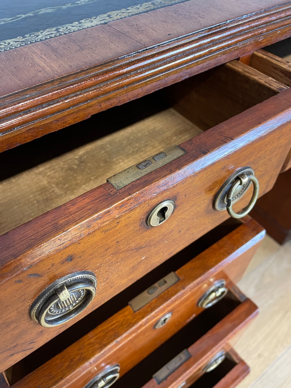 C19TH walnut three part desk with inset leather top View VIII
