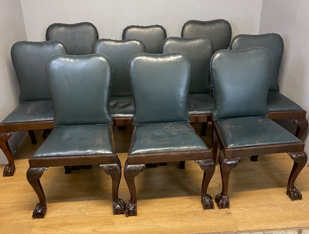 Set of 10 Edwardian mahogany framed dining chairs in blue leather on carved cabriole legs 