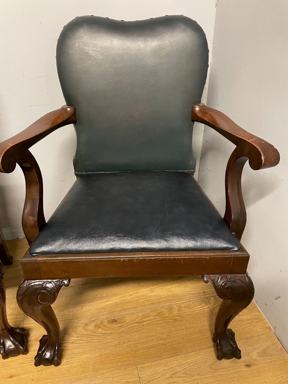 Set of 10 Edwardian mahogany framed dining chairs in blue leather on carved cabriole legs  View III